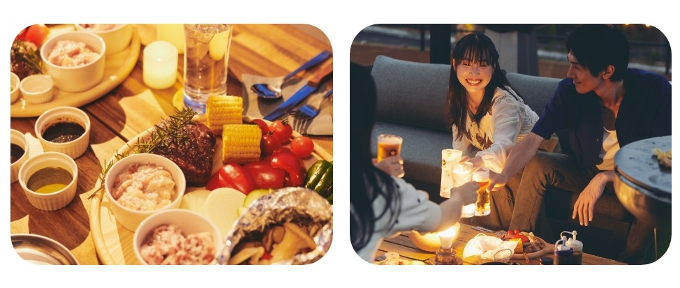 GLAMPING KASHIMA 753 #00のプレミアムシートで食事を楽しむ様子