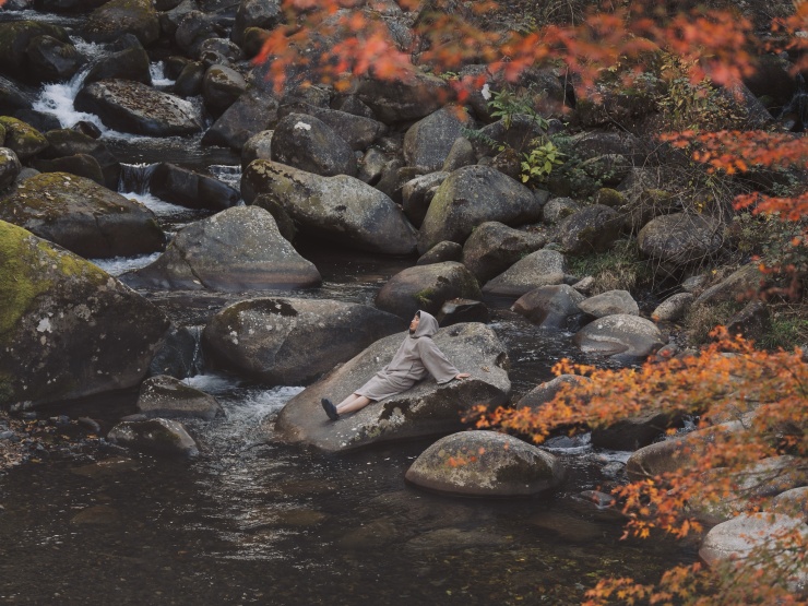 紅葉の中での渓流チル