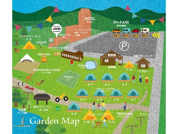 新潟県湯沢にあるNASPA CAMP GARDENの施設内マップ