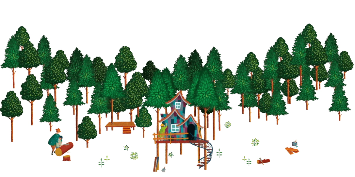 山梨県のグランピング施設・ミューの森を表すイラスト